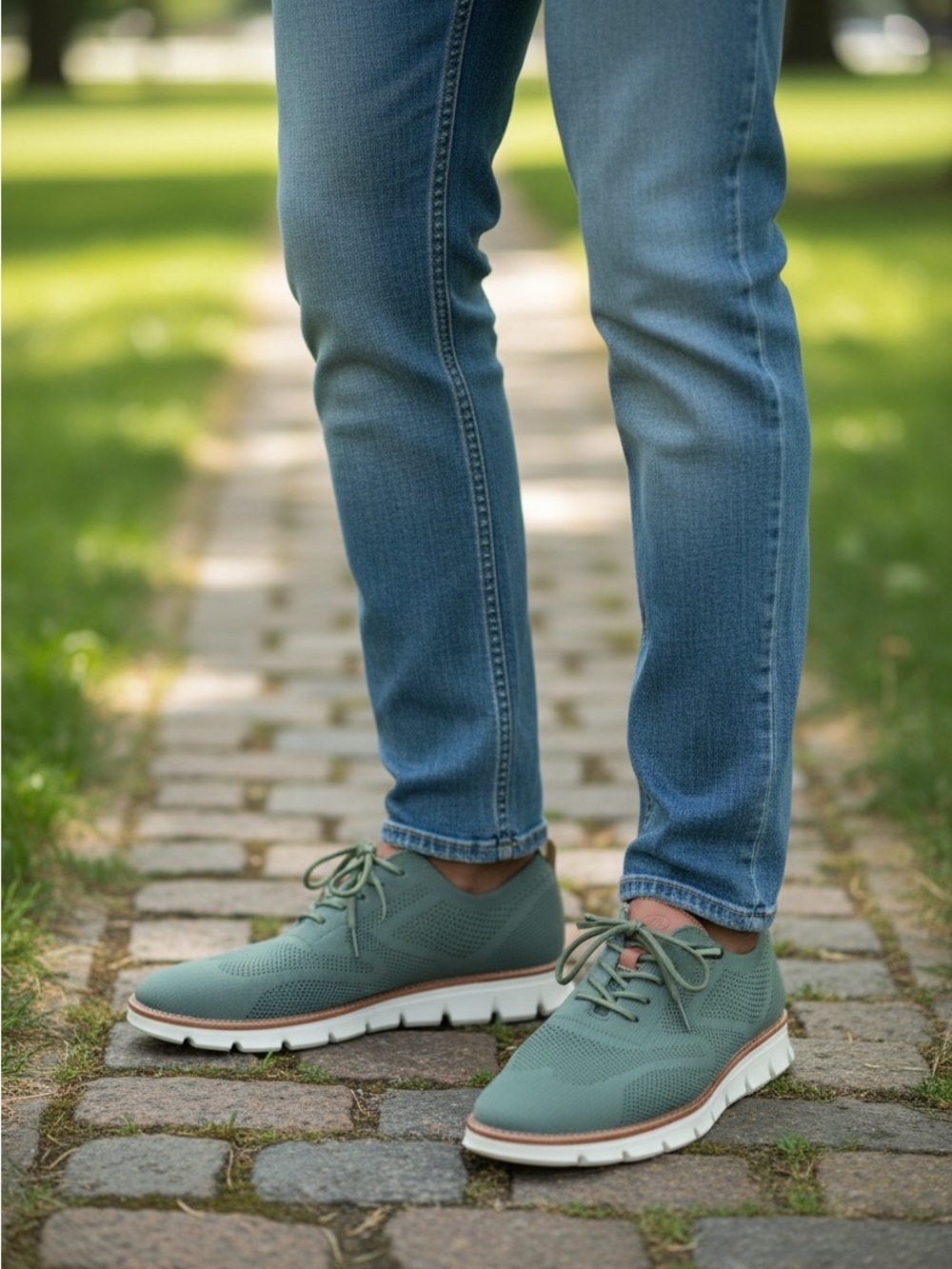 Men's Knit Lightweight Casual Lace-Up Shoes in Olive with Tan Accents